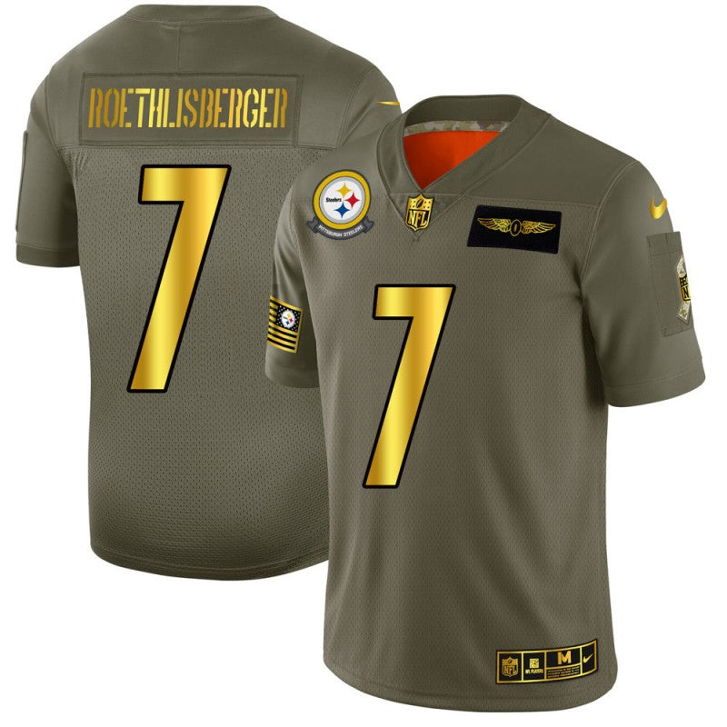 Mens Pittsburgh Steelers #7 Ben Roethlisberger 2019 Olive/Gold Salute To Service Limited Stitched NFL Jersey