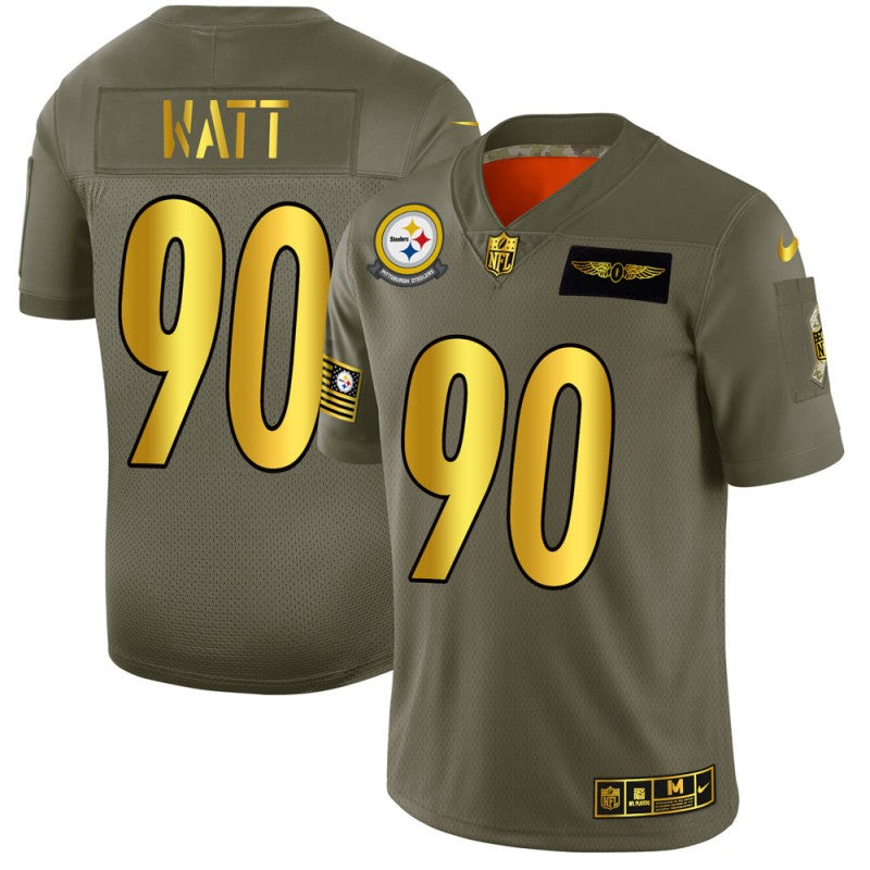 Mens Pittsburgh Steelers #90 T J Watt 2019 Olive/Gold Salute To Service Limited Stitched NFL Jersey