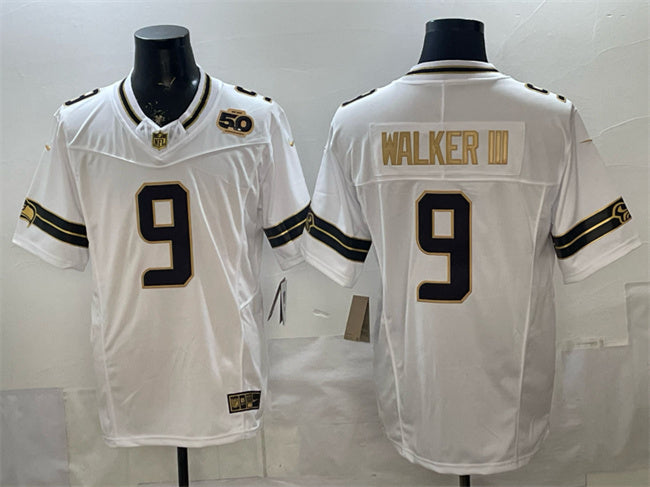 Mens Seattle Seahawks #9 Kenneth Walker III White Gold 2025 FUSE 50th Season Patch Vapor Limited Stitched Football Jersey