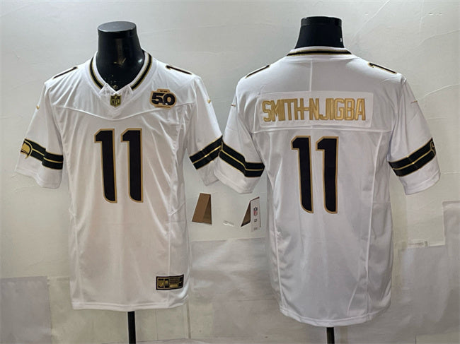 Mens Seattle Seahawks #11 Jaxon Smith-Njigba White Gold 2025 FUSE 50th Season Patch Limited Stitched Football Jersey