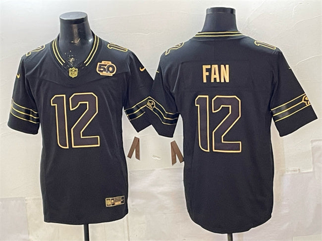 Mens Seattle Seahawks #12 Fan Black Gold 2025 FUSE 50th Season Patch Limited Stitched Football Jersey