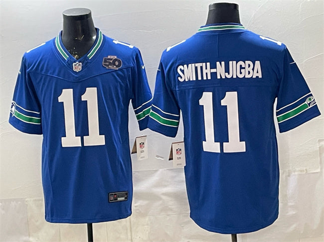 Mens Seattle Seahawks #11 Jaxon Smith-Njigba Royal 2025 FUSE 50th Season Patch Throwback Vapor Limited Stitched Football Jersey