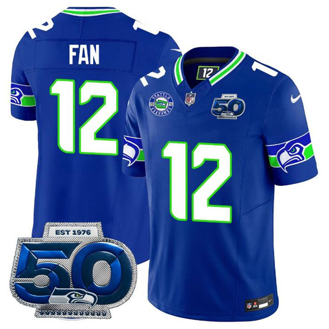 Mens Seattle Seahawks #12 Fan Royal 2025 FUSE 50th Season Patch Throwback Vapor Limited Stitched Football Jersey