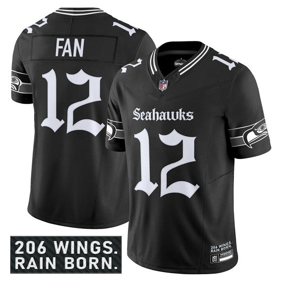 Mens Seattle Seahawks #12 Fan Black 2025 FUSE Gothic Rain City Shadows Edition Vapor Limited Stitched Football Jersey