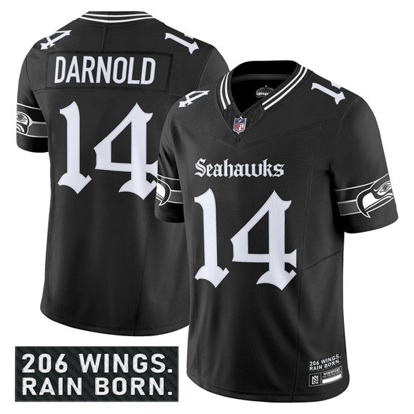 Mens Seattle Seahawks #14 Sam Darnold Black 2025 FUSE Gothic Rain City Shadows Edition Vapor Limited Stitched Football Jersey