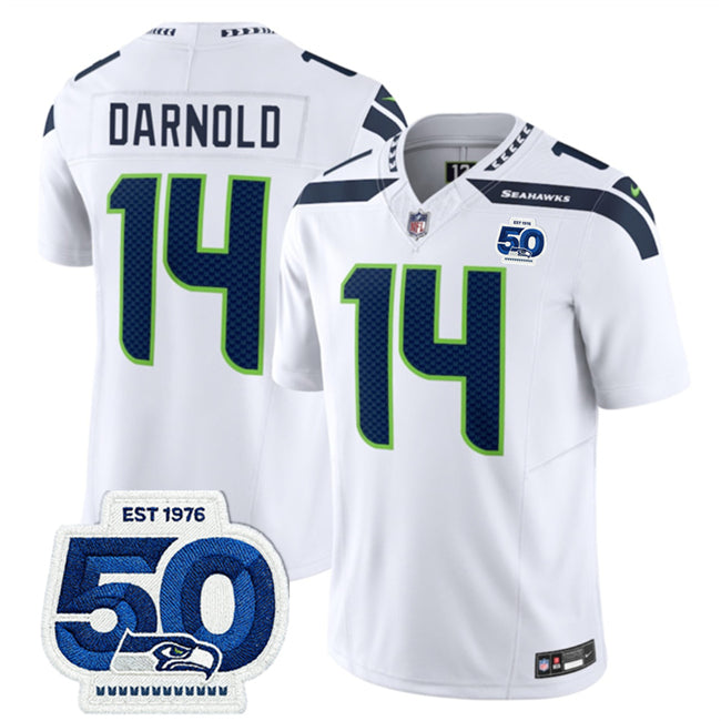 Mens Seattle Seahawks #14 Sam Darnold White 2025 FUSE 50th Anniversary Patch Vapor Untouchable Limited Stitched Football Jersey