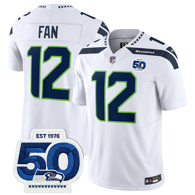 Mens Seattle Seahawks #12 Fan White 2025 FUSE 50th Anniversary Patch Vapor Untouchable Limited Stitched Football Jersey