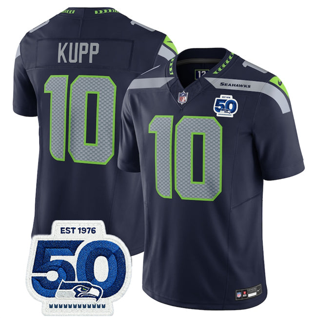 Mens Seattle Seahawks #10 Cooper Kupp Navy 2025 FUSE 50th Anniversary Patch Vapor Untouchable Limited Stitched Football Jersey
