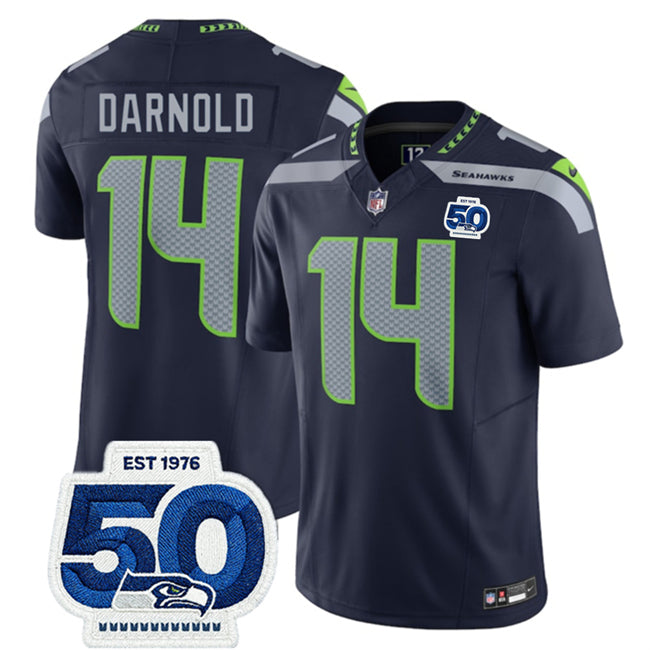 Mens Seattle Seahawks #14 Sam Darnold Navy 2025 FUSE 50th Anniversary Patch Vapor Untouchable Limited Stitched Football Jersey
