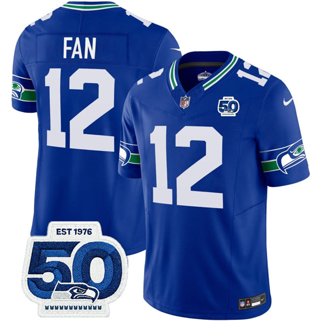Mens Seattle Seahawks #12 Fan Royal 2025 FUSE 50th Anniversary Patch Throwback Vapor Limited Stitched Football Jersey