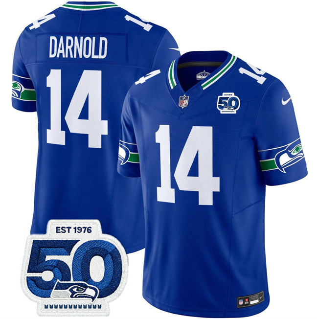 Mens Seattle Seahawks #14 Sam Darnold Royal 2025 FUSE 50th Anniversary Patch Throwback Vapor Limited Stitched Football Jersey
