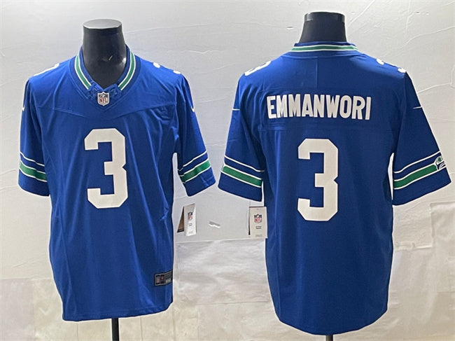 Mens Seattle Seahawks #3 Nick Emmanwori Royal 2024 FUSE Throwback Vapor Limited Stitched Football Jersey