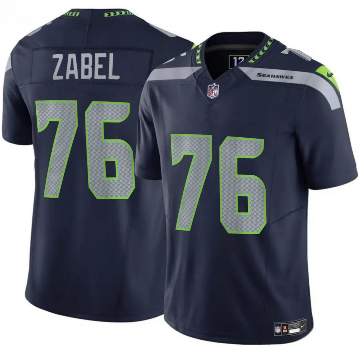 Mens Seattle Seahawks #76 Grey Zabel Navy 2025 Draft FUSE Vapor Limited Stitched Football Jersey