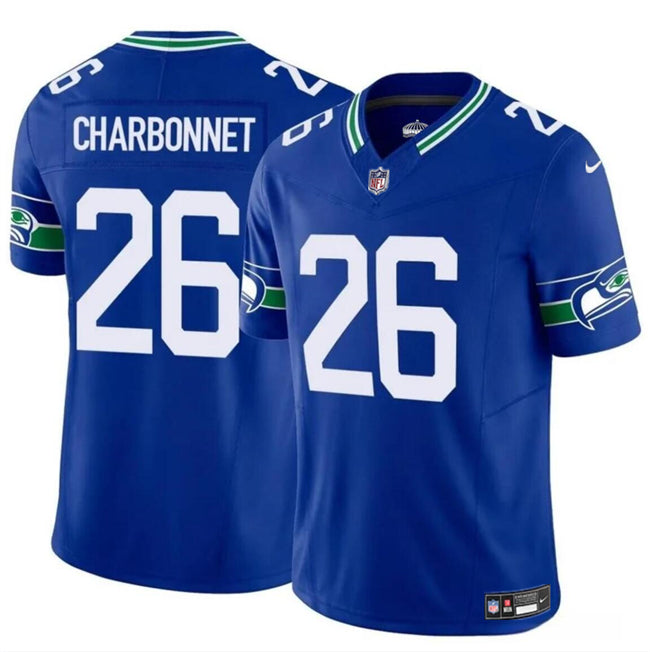 Mens Seattle Seahawks #26 Zach Charbonnet Royal 2024 FUSE Throwback Vapor Limited Stitched Football Jersey