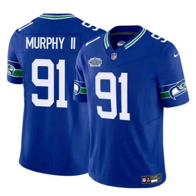 Mens Seattle Seahawks #91 Byron Murphy II Royal 2024 With Dradt Patch FUSE Throwback Vapor Limited Stitched Football Jersey
