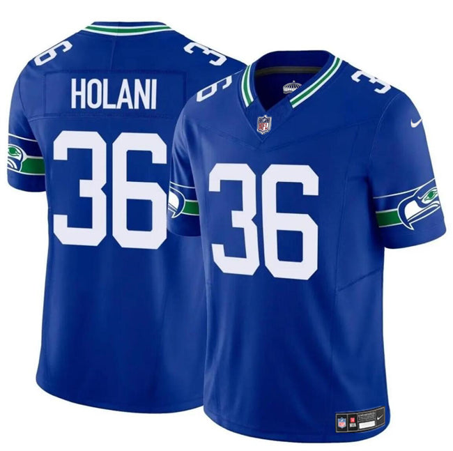 Mens Seattle Seahawks #36 George Holani Royal 2024 FUSE Throwback Vapor Limited Stitched Football Jersey