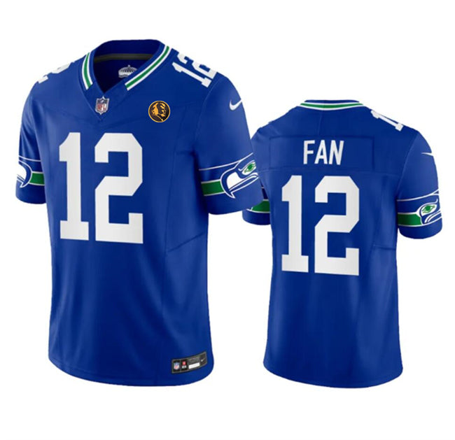 Mens Seattle Seahawks #12 Fan Royal 2023 FUSE Throwback With John Madden Patch Vapor Limited Stitched Football Jersey