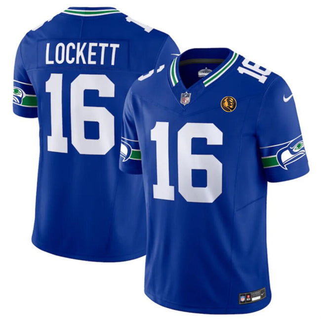 Mens Seattle Seahawks #16 Tyler Lockett Royal 2023 FUSE Throwback With John Madden Patch Vapor Limited Stitched Football Jersey