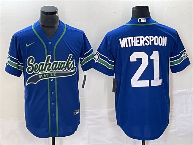Mens Seattle Seahawks #21 Devon Witherspoon Royal Throwback Cool Base Stitched Baseball Jersey