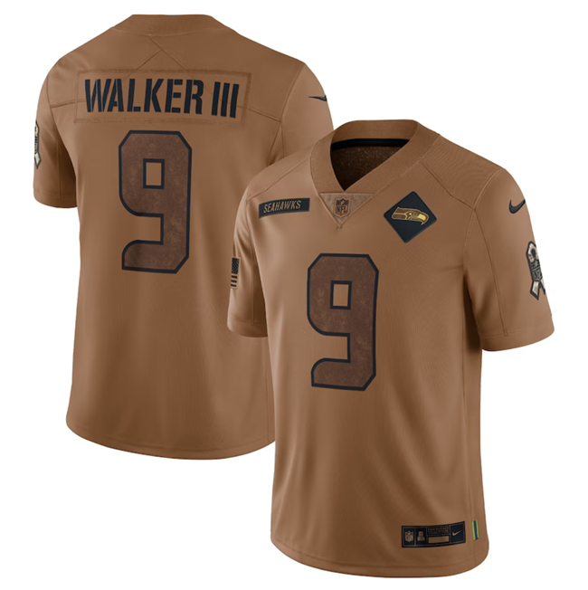 Mens Seattle Seahawks #9 Kenneth Walker III 2023 Brown Salute To Service Limited Stitched Football Jersey
