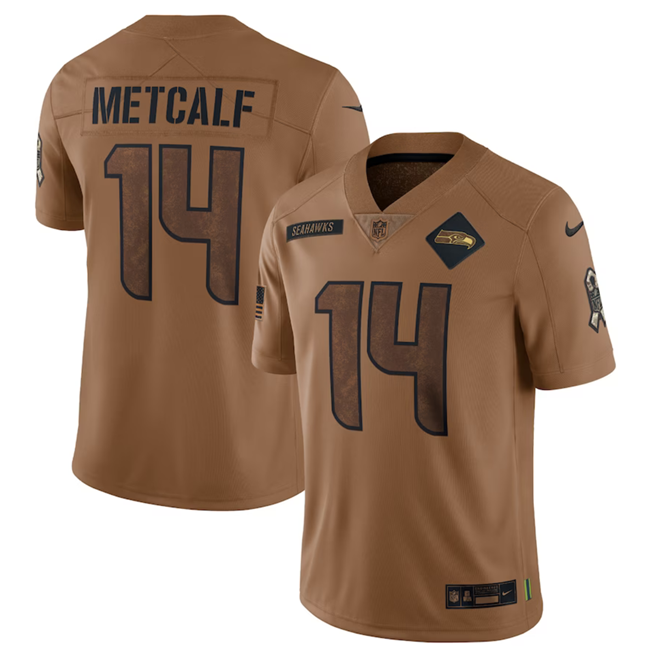 Mens Seattle Seahawks #14 DK Metcalf 2023 Brown Salute To Service Limited Stitched Football Jersey