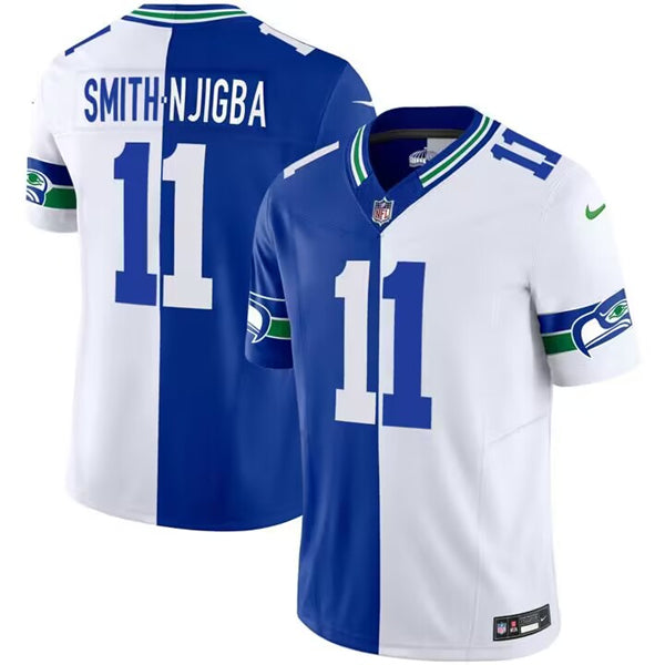 Mens Seattle Seahawks #11 Jaxon Smith-Njigba Royal/White Split 2023 FUSE Throwback Vapor Limited Stitched Football Jersey