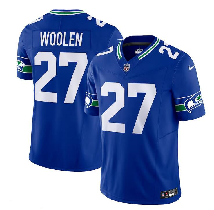 Mens Seattle Seahawks #27 Tariq Woolen Royal Throwback Vapor FUSE Limited Stitched Football Jersey