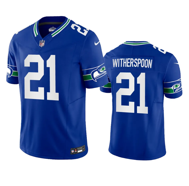 Mens Seattle Seahawks #21 Devon Witherspoon Royal 2023 FUSE Vapor Limited Throwback Stitched Jersey