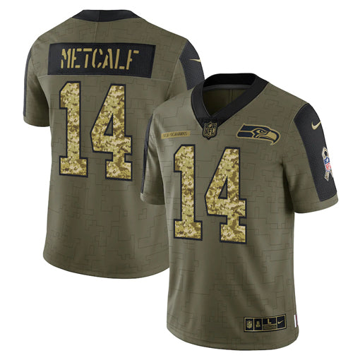 Mens Seattle Seahawks #14 DK Metcalf 2021 Olive Camo Salute To Service Limited Stitched Jersey