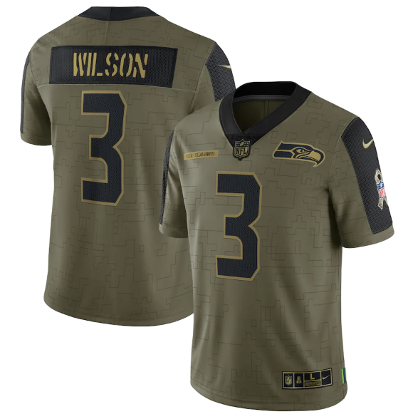 Mens Seattle Seahawks #3 Russell Wilson 2021 Olive Salute To Service Limited Stitched Jersey