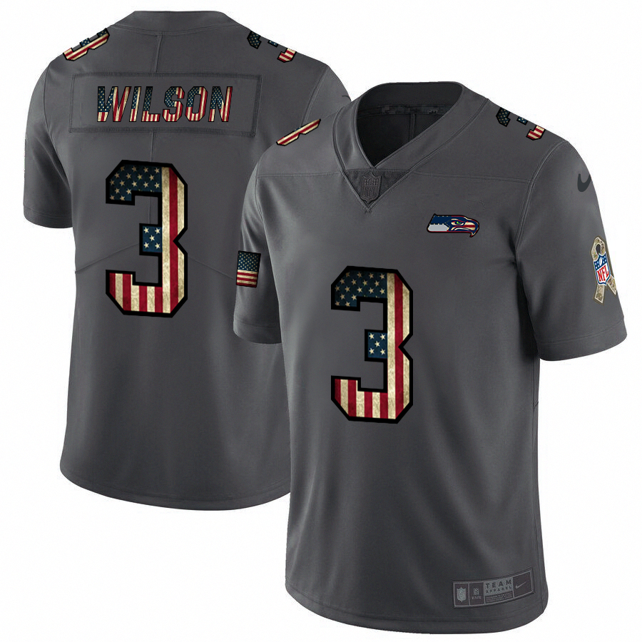 Mens Seattle Seahawks #3 Russell Wilson Grey 2019 Salute To Service USA Flag Fashion Limited Stitched NFL Jersey