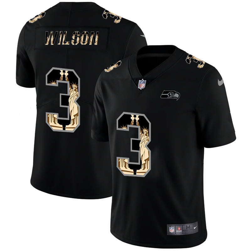 Mens Seattle Seahawks #3 Russell Wilson 2019 Black Statue of Liberty Limited Stitched NFL Jersey