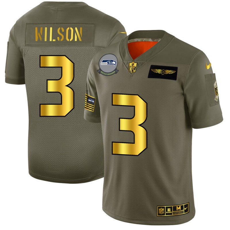 Mens Seattle Seahawks #3 Russell Wilson 2019 Olive/Gold Salute To Service Limited Stitched NFL Jersey