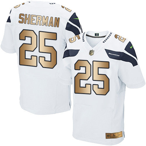Nike Seahawks #25 Richard Sherman White Mens Stitched NFL Elite Gold Jersey