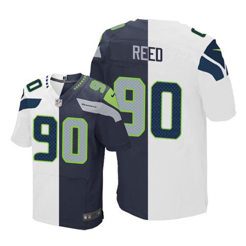 Nike Seahawks #90 Jarran Reed White/Steel Blue Mens Stitched NFL Elite Split Jersey