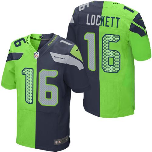 Nike Seahawks #16 Tyler Lockett Steel Blue/Green Mens Stitched NFL Elite Split Jersey