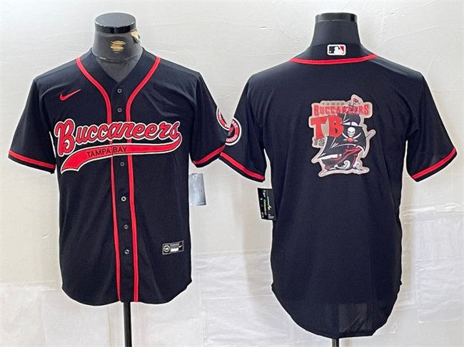 Mens Tampa Bay Buccaneers Black Team Big Logo With Patch Cool Base Stitched Baseball Jersey