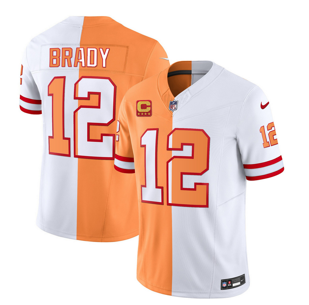 Mens Tampa Bay Buccaneers #12 Tom Brady 2023 FUSE White/Orange With 4-Star C Patch Split Throwback Limited Stitched Jersey