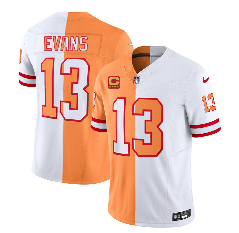 Mens Tampa Bay Buccaneers #13 Mike Evans 2023 FUSE White/Orange With 4-Star C Patch Split Throwback Limited Stitched Jersey