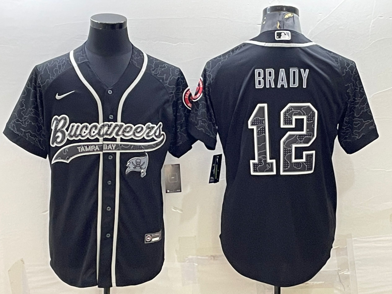 Mens Tampa Bay Buccaneers #12 Tom Brady Black Reflective With Patch Cool Base Stitched Baseball Jersey