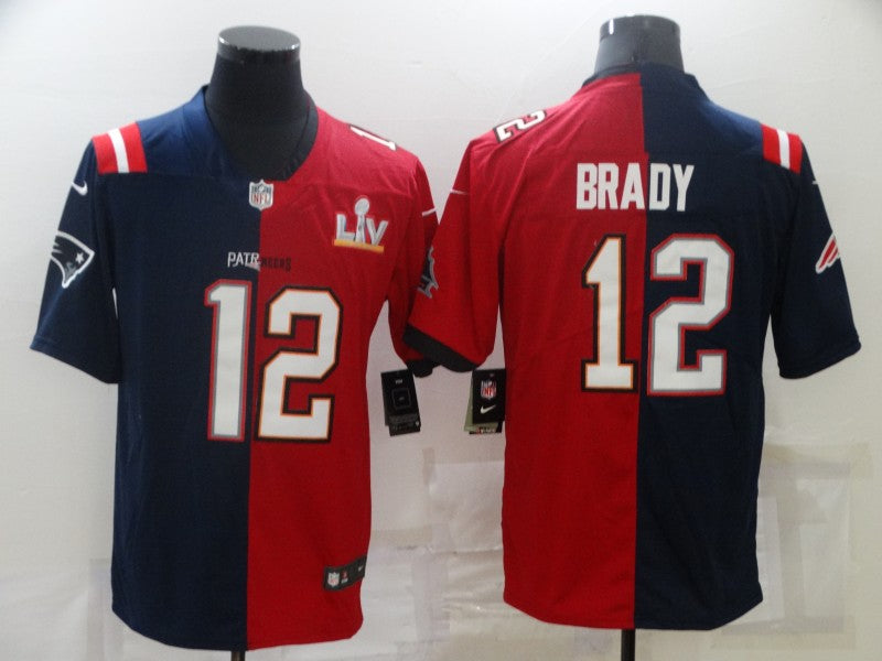 Mens Tampa Bay Buccaneers #12 Tom Brady Red Navy Super Bowl Split GOAT Stitched Jersey