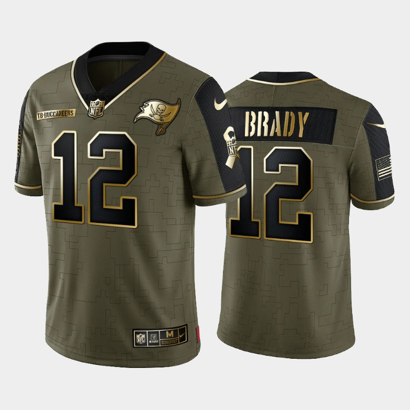 Mens Tampa Bay Buccaneers #12 Tom Brady 2021 Olive Camo Salute To Service Golden Limited Stitched Jersey