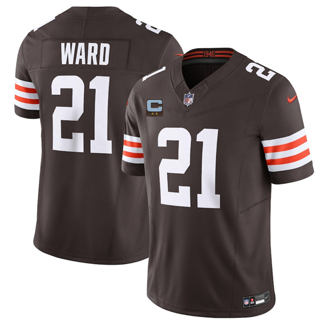 Mens Cleveland Browns #21 Denzel Ward Brown 2025 FUSE With 2-Star C Patch Vapor Limited Stitched Football Jersey