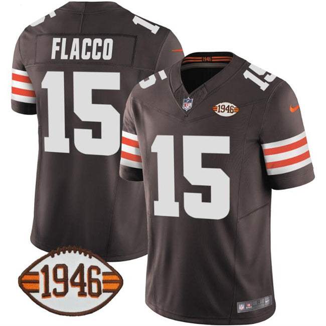 Mens Cleveland Browns #15 Joe Flacco Brown 2025 FUSE With 1946 75th Anniversary Patch Vapor Limited Stitched Football Jersey