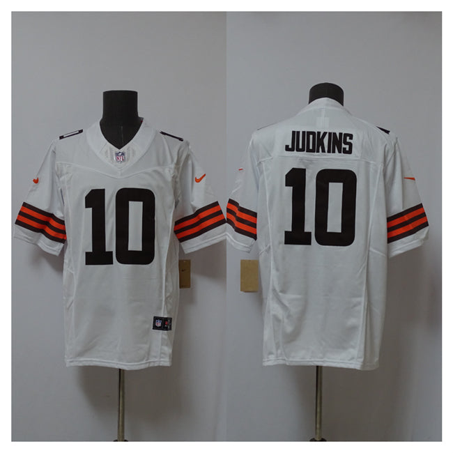 Mens Cleveland Browns #10 Quinshon Judkins White 2025 Draft FUSE Vapor Limited Stitched Football Jersey