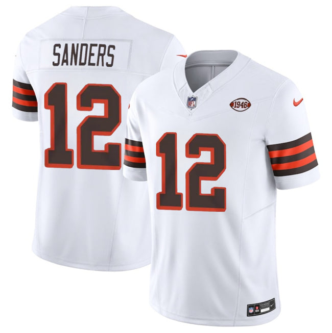 Mens Cleveland Browns #12 Shedeur Sanders White 2025 Draft 1946 Collection FUSE Vapor Limited Stitched Football Jersey
