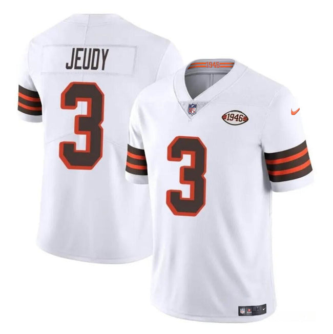 Mens Cleveland Browns #3 Jerry Jeudy White 1946 Collection Vapor Limited Stitched Football Jersey