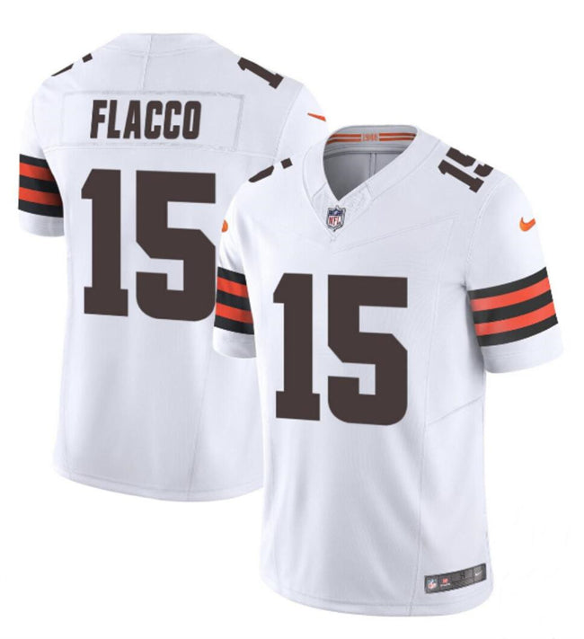 Mens Cleveland Browns #15 Joe Flacco White 2023 FUSE Vapor Limited Stitched Football Jersey