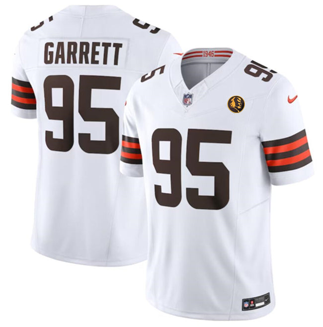 Mens Cleveland Browns #95 Myles Garrett White 2023 FUSE With John Madden Patch Vapor Limited Stitched Football Jersey
