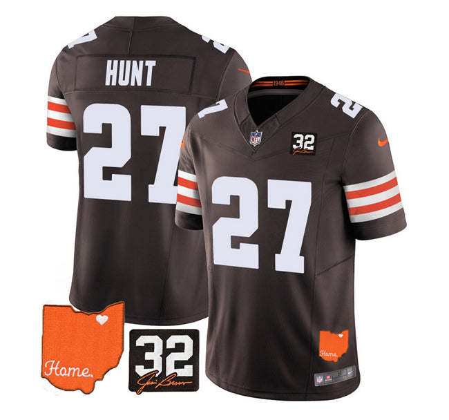 Mens Cleveland Browns #27 Kareem Hunt Brown 2023 FUSE With Jim Brown Memorial Patch Vapor Untouchable Limited Stitched Jersey